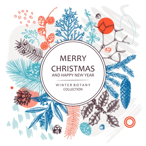 Merry Christmas card. Collage-style banner with evergreen plants, conifers, and nuts drawing. Winter design with hand-drawn botanical illustrations. Trendy Christmas background, New Year card template